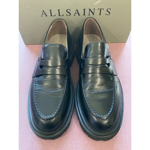 AllSaints Womens Lola Leather Loafers in Black 9 with Box Penny Oxford Shoes - Picture 6 of 16